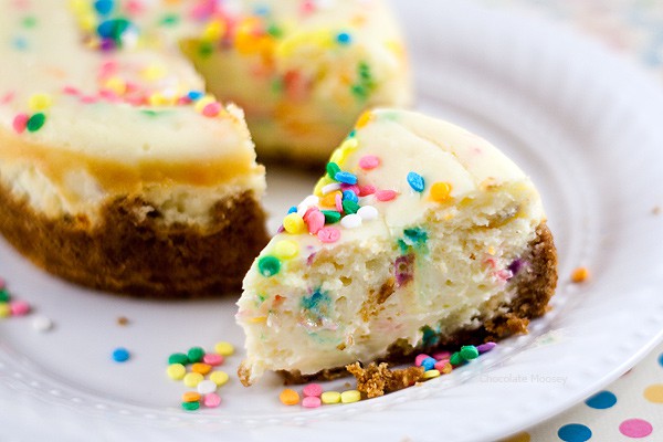 The best way to celebrate any happy occasion is with sprinkles! Mini Funfetti Cheesecake For Two baked from scratch without Funfetti cake mix.
