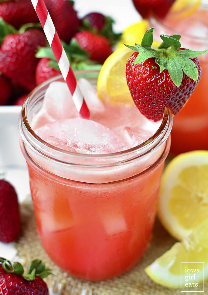 Strawberry Coconut-Water Lemonade is a sweet-tart summery drink made with fresh strawberries and lemons, and hydrating coconut water. Turn leftovers into popsicles! | iowagirleats.com