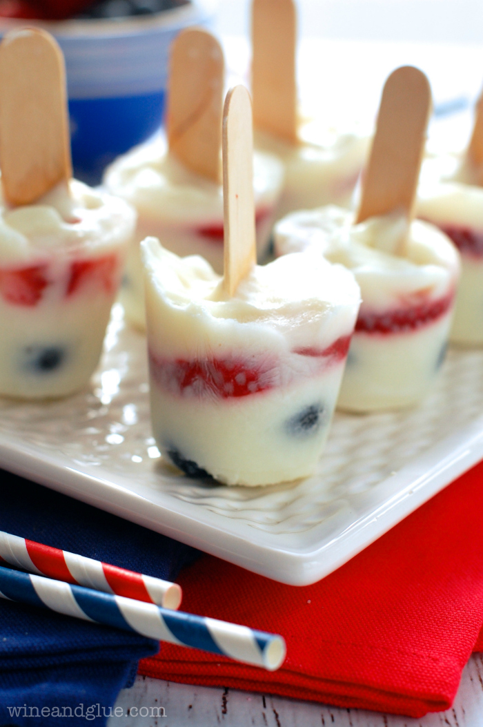 Strawberry Blueberry Yogurt Pops | www.wineandglue.com | So perfect for summer and so easy to make!