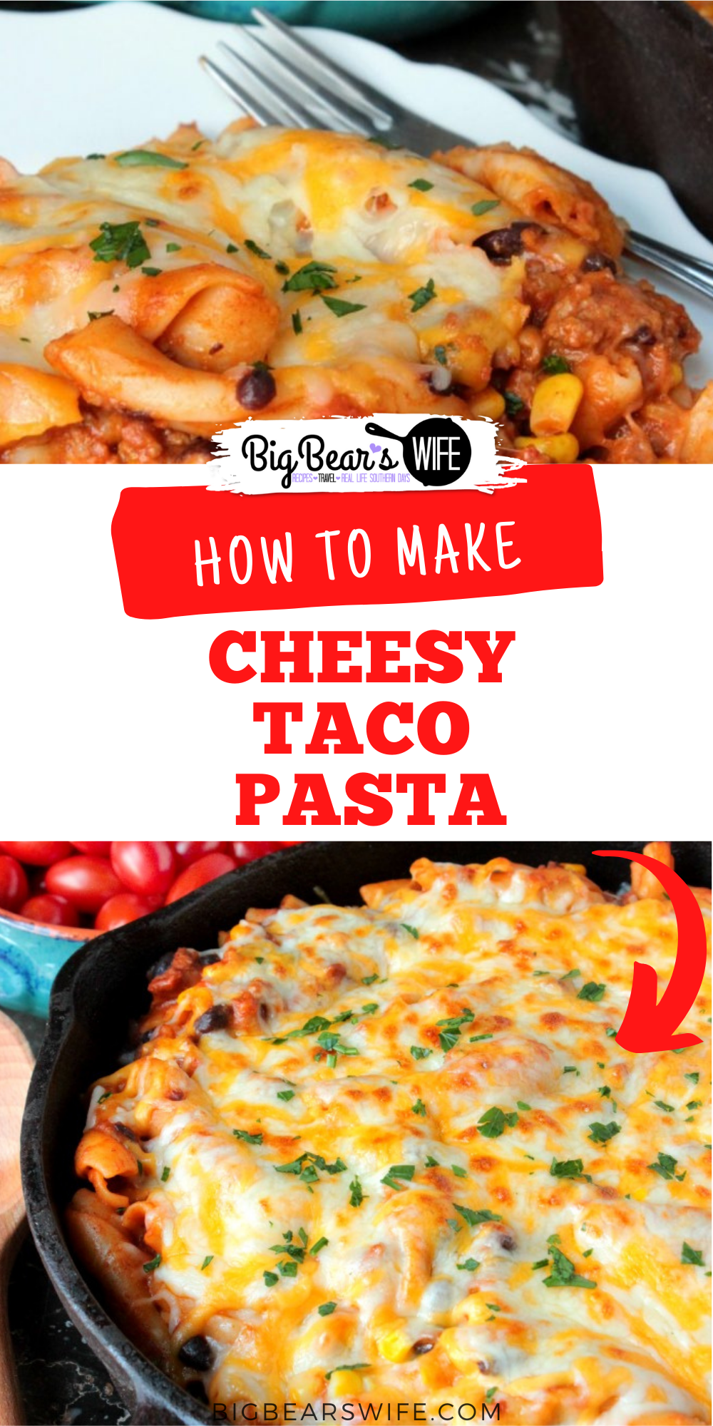 This Cheesy Taco Pasta is packed full of taco seasoning, sweet corn and seasoned black beans! It's thick, cheesy and perfect for any night of the week! via @bigbearswife