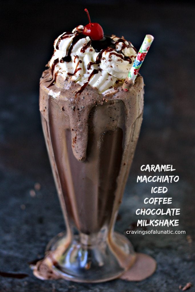 Caramel Macchiato Iced Coffee Chocolate Milkshake from cravingsofalunatic.com- This recipe is incredibly refreshing on a hot summer day. Whip up a batch of these Caramel Macchiato Iced Coffee Chocolate Milkshakes today. You deserve a delicious treat! (@CravingsLunatic)