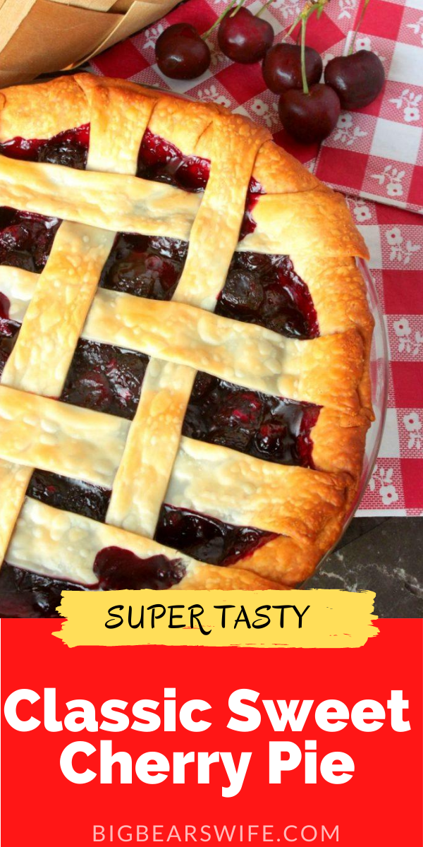 Homemade Cherry Pie Filling inside of perfectly baked lattice pie crust makes for the perfect summer dessert!  Top it with a bit of whipped cream and a few fresh cherries for that classic cherry pie look! via @bigbearswife