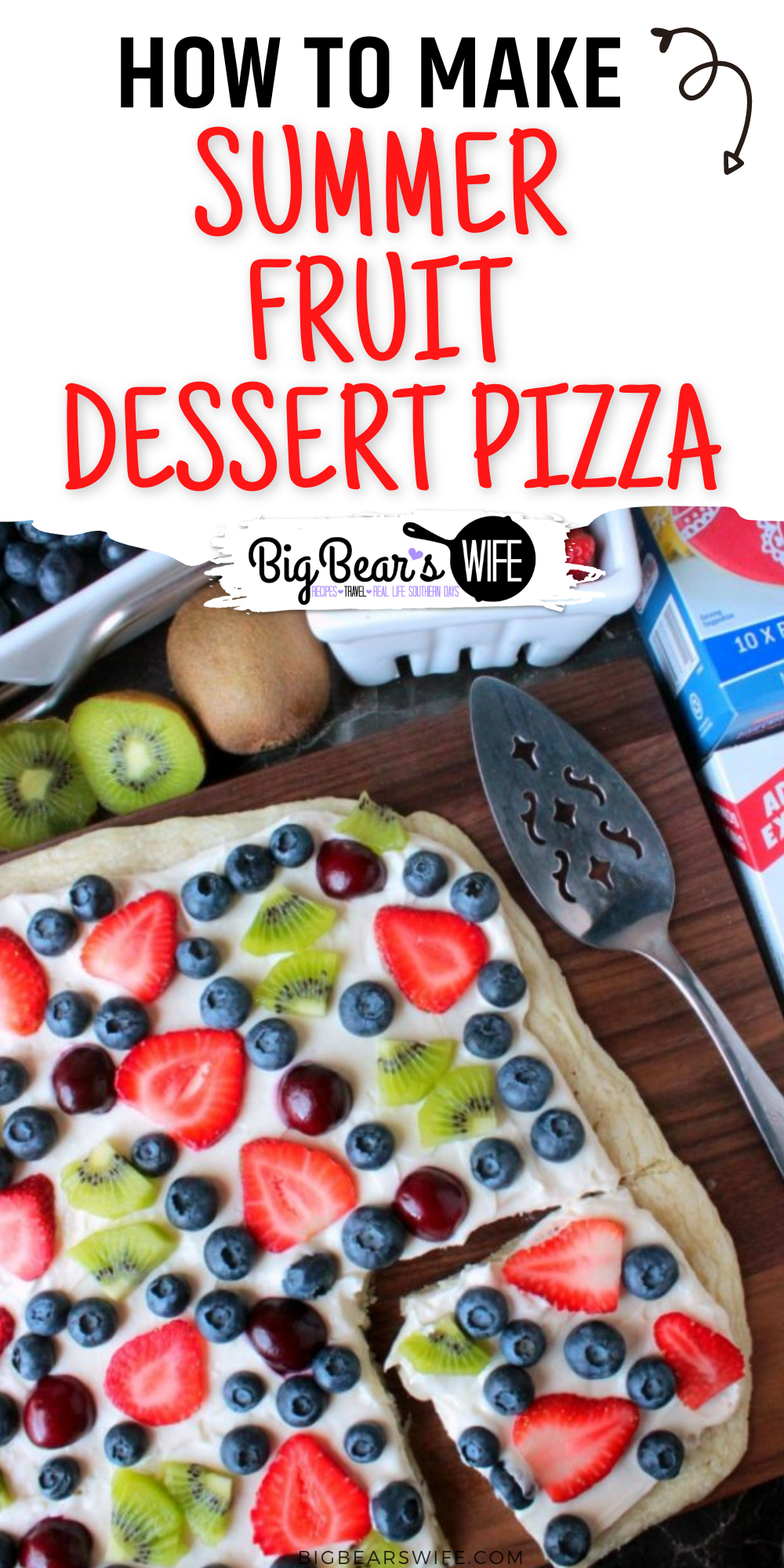 This Summer Fruit Dessert Pizza is a sweet sugar cookie "crust" with a marshmallow fluff cream cheese spread topped with slices of fresh fruit! via @bigbearswife