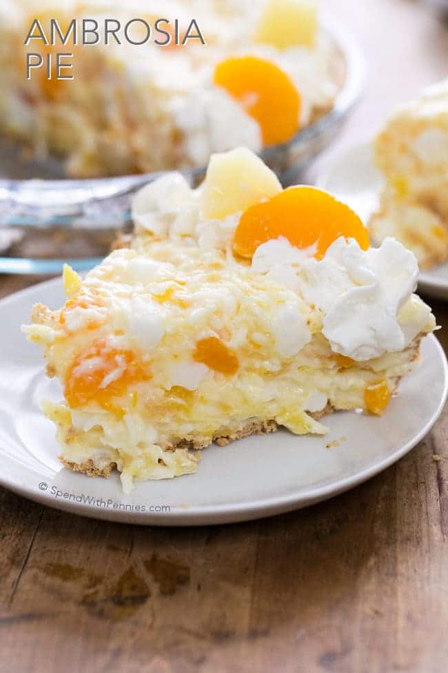 This pretty Ambrosia Pie has all of the goodness of Ambrosia Salad, tucked into a tasty graham cracker crust to be served for dessert! 
