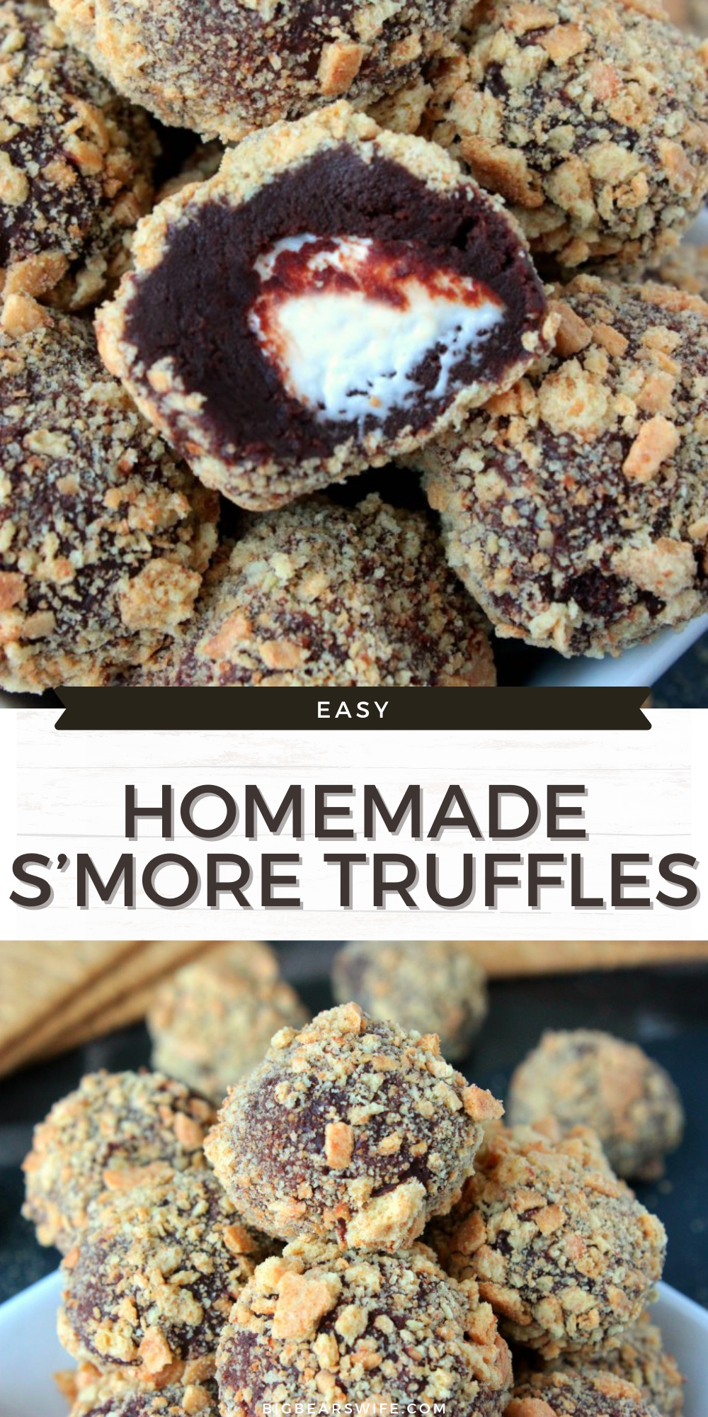 Homemade S'more Truffles - Know a s'more lover in your life? You NEED to send this recipe for Homemade S'more Truffles to them asap! Homemade Chocolate ganache truffles with a marshmallow center that's been rolled in crushed graham crackers is a s'mores lover's dream come true. via @bigbearswife