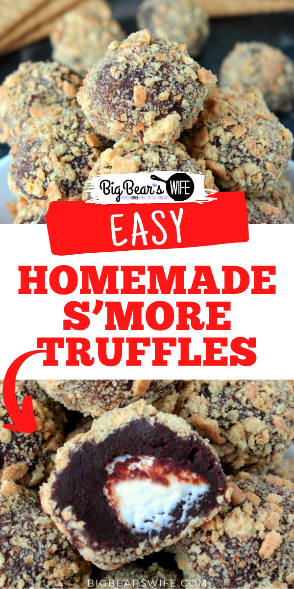 Homemade S'more Truffles - Know a s'more lover in your life? You NEED to send this recipe for Homemade S'more Truffles to them asap! Homemade Chocolate ganache truffles with a marshmallow center that's been rolled in crushed graham crackers is a s'mores lover's dream come true. via @bigbearswife