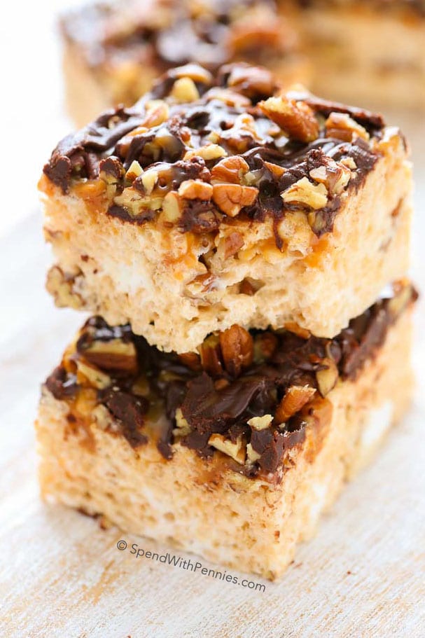Turtle Rice Krispie Treats are quick and easy to make and loaded with gooey caramel, pecans and rich chocolate. Plus a secret tip to make the best soft chewy Rice Krispie Treats you've ever had!