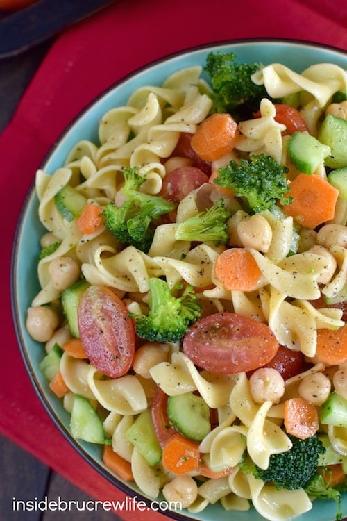 This easy pasta salad is full of your favorite veggies. It is the perfect picnic or barbecue salad!