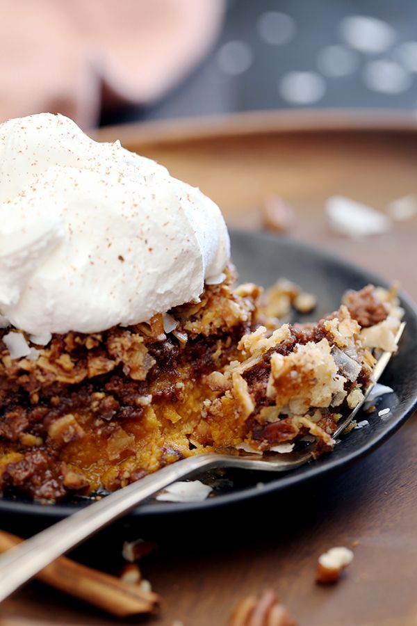 This German Chocolate Upside Down Pumpkin Pie contains all the usual spiced suspects before being showered with a German chocolate cake mix, flooded with melted butter and then sprinkled with coconut flakes and pecans. Pumpkin. Chocolate. Butter. Coconut. Pecans. In a nutshell, absolute deliciousness.
