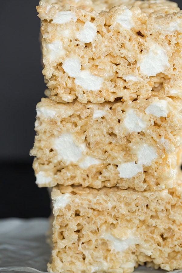 These Rice Krispies treats are huge, perfectly gooey, and even have some non-melted marshmallows mixed in!