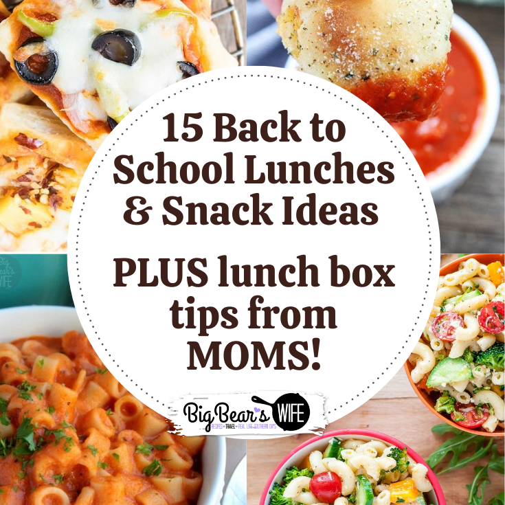 15 Back to School Lunches, Lunch Box Snack Ideas PLUS lunch box tips from MOMS! -- Racking your brain on what to pack in your kid's lunch box before they head off to school? I've got 15 Back to School Lunches that you can pack, plus some lunch box snack ideas and lunchbox tips from moms!