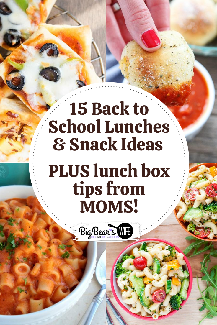 15 Back to School Lunches, Lunch Box Snack Ideas PLUS lunch box tips from MOMS! -- Racking your brain on what to pack in your kid's lunch box before they head off to school? I've got 15 Back to School Lunches that you can pack, plus some lunch box snack ideas and lunchbox tips from moms! via @bigbearswife