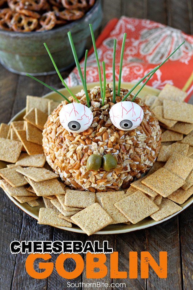 This recipe starts as a delicious Chicken Ranch Cheese Ball and is turned into a ghoulish goblin! 
