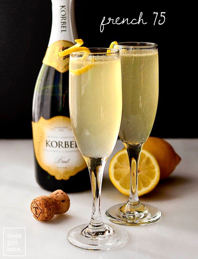 French 75 Champagne Cocktails are made with just four ingredients, no specialty liqueurs or mixers needed! Enjoy this delicious and bright champagne cocktail for any occasion. | iowagirleats.com