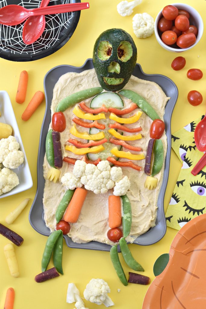 This skeleton veggie platter is the perfect healthy party appetizer yet still frightful enough to make your guests do a double take!