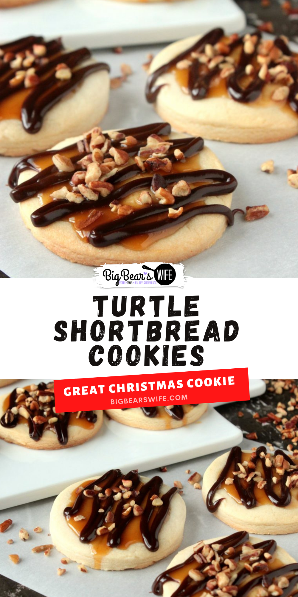 Turtle Shortbread Cookies - These Turtle Shortbread Cookies are homemade shortbread cookies have a caramel sauce center, they’re drizzled with homemade chocolate sauce and topped with chopped pecans! via @bigbearswife