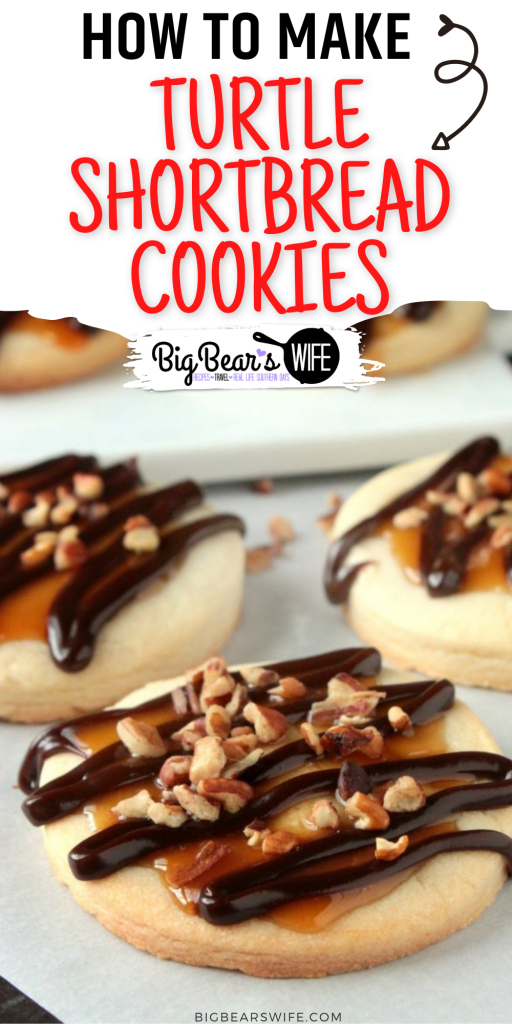 Turtle Shortbread Cookies - These Turtle Shortbread Cookies are homemade shortbread cookies have a caramel sauce center, they’re drizzled with homemade chocolate sauce and topped with chopped pecans!