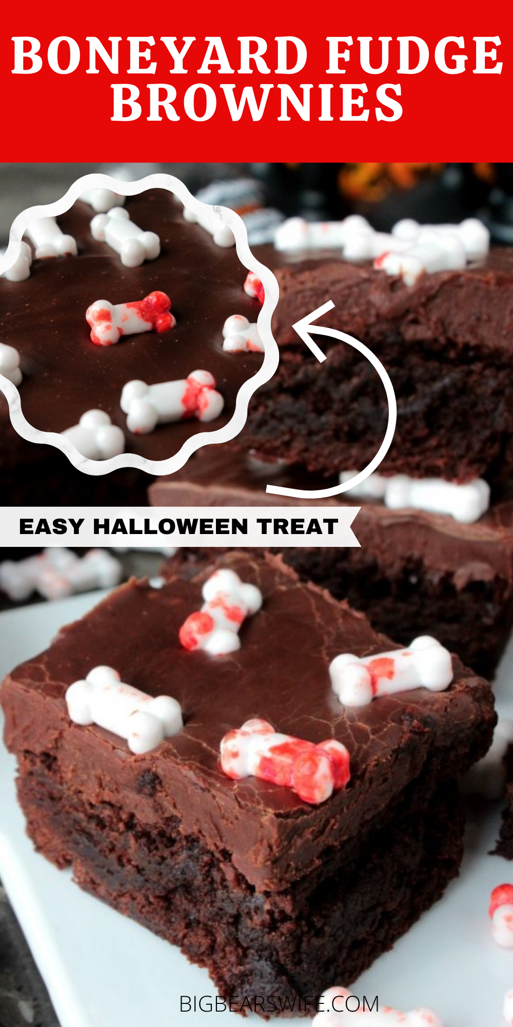 These Boneyard Fudge Brownies are easy to make! You're going to love the top fudge layer and the fudge brownie bottoms! The candy Bones on top are perfect for Halloween! A Super Easy Halloween Treat Recipe! Halloween Brownies are so fun to make and these are great for kids and adults alike! These brownies also have a fudge topping!  via @bigbearswife