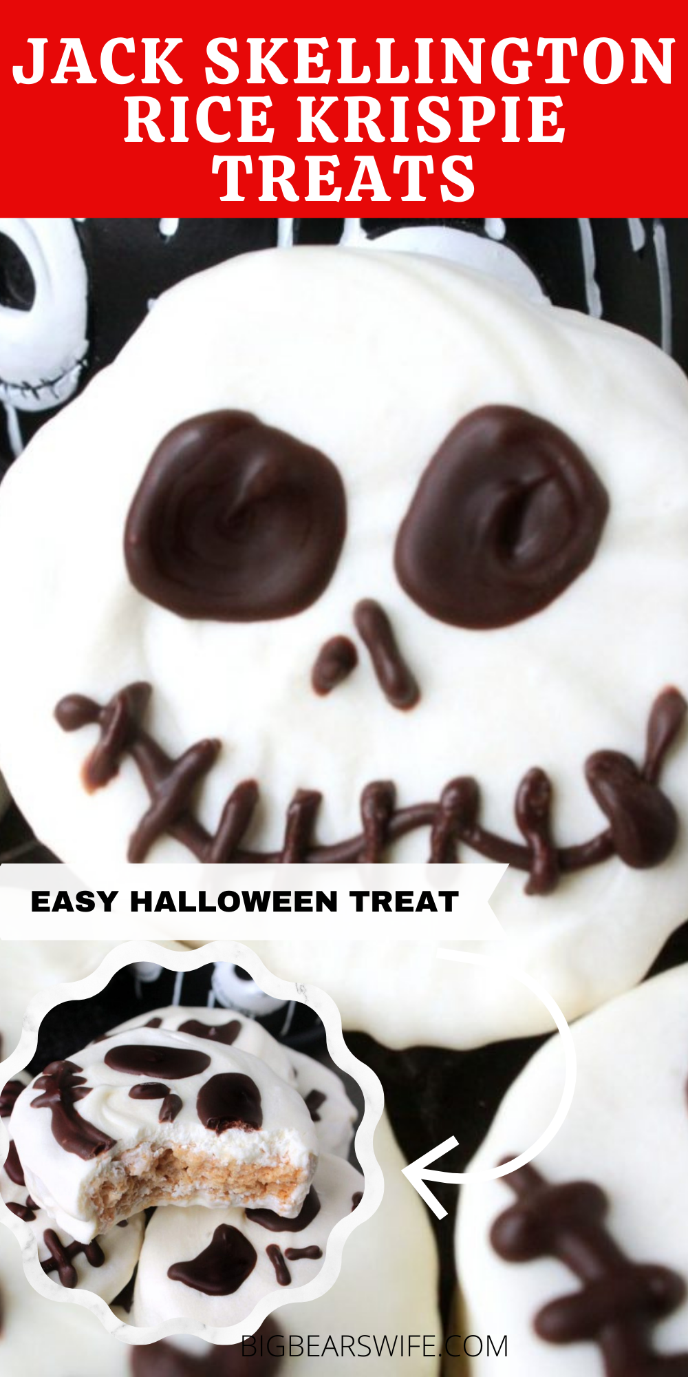 Add a little bit of "The Nightmare Before Christmas" to your Halloween party with these easy Jack Skellington Rice Krispie Treats! via @bigbearswife
