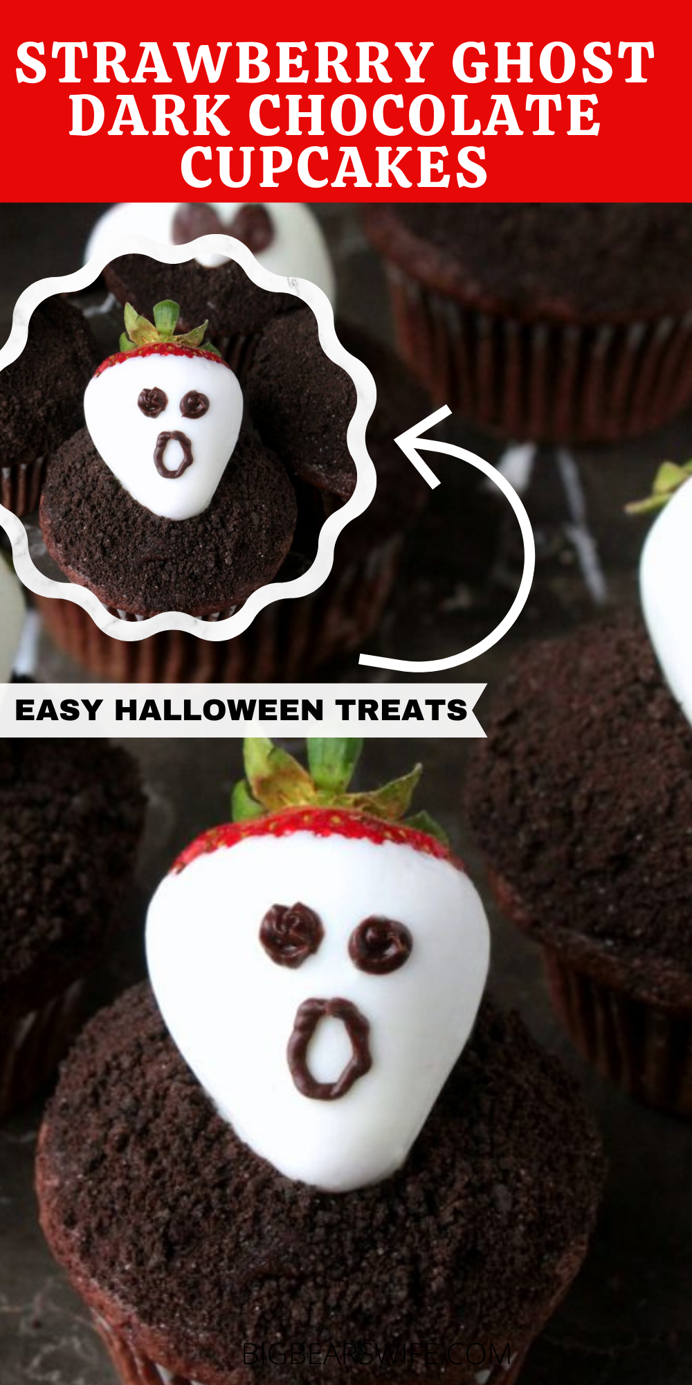 Don’t get spooked! These Strawberry Ghost Dark Chocolate Cupcakes are nothing be scared about! They’re a sweet and easy dessert that’s perfect for Halloween! via @bigbearswife