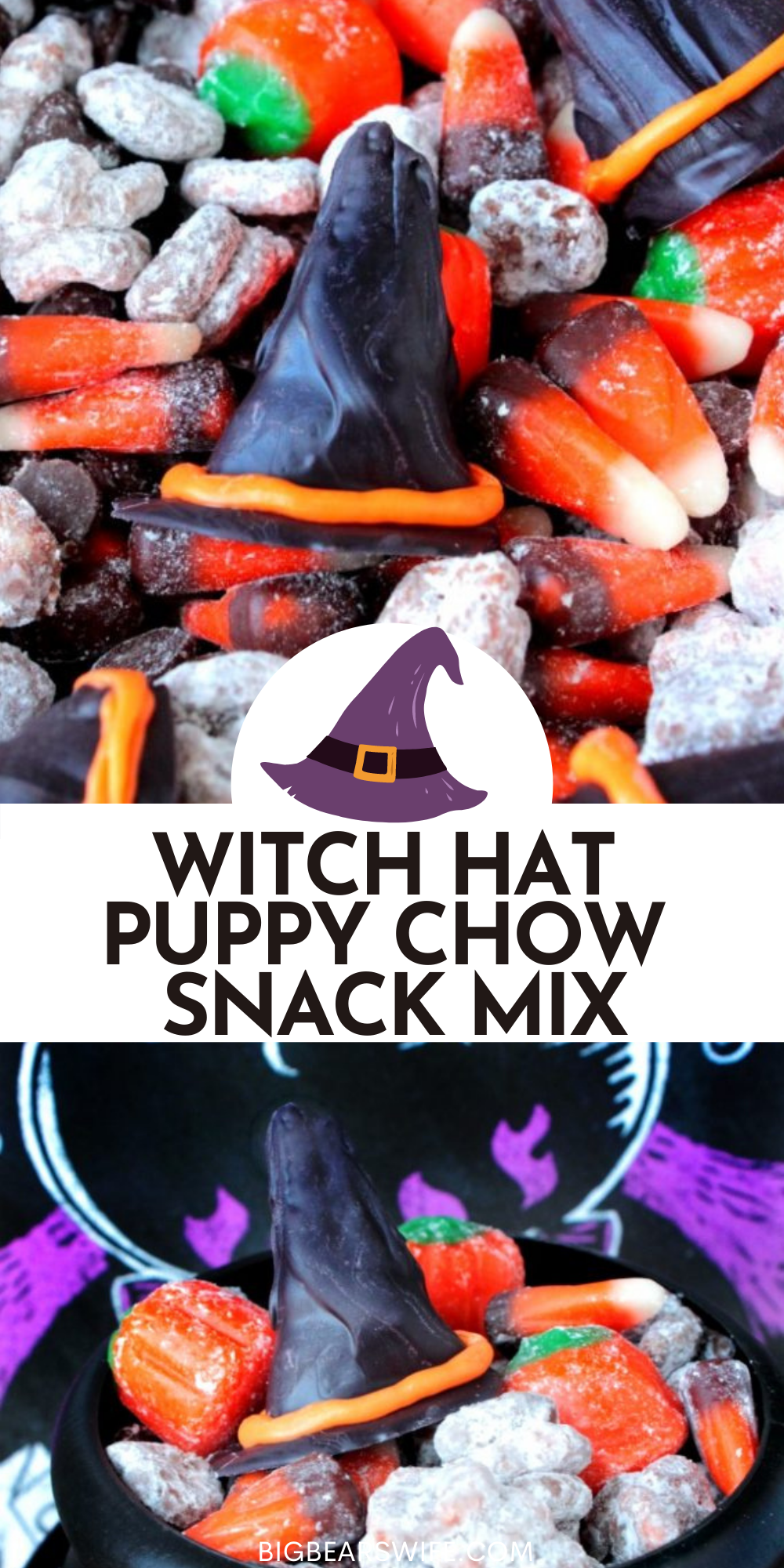 Share this spooky snack with the Halloween witches in your life! This Witch Hat Puppy Chow Snack is packed with Halloween cereal, candy and chocolate witch hats! This is a super cute Halloween treat recipe that is all about witches. Everyone will love this super cute Halloween Chex Mix Recipe! Halloween Muddy Buddy Recipe and more on BigBearsWife.com via @bigbearswife