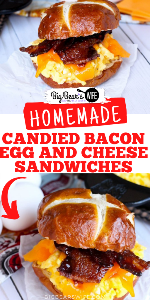 What's better than bacon for breakfast? Candied Bacon piled with perfectly scrambled eggs and cheddar cheese on a pretzel bun! Candied Bacon Egg and Cheese Sandwiches are the perfect way to start the day! 