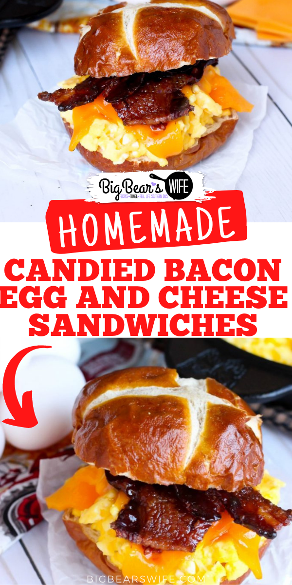 What's better than bacon for breakfast? Candied Bacon piled with perfectly scrambled eggs and cheddar cheese on a pretzel bun! Candied Bacon Egg and Cheese Sandwiches are the perfect way to start the day!  via @bigbearswife