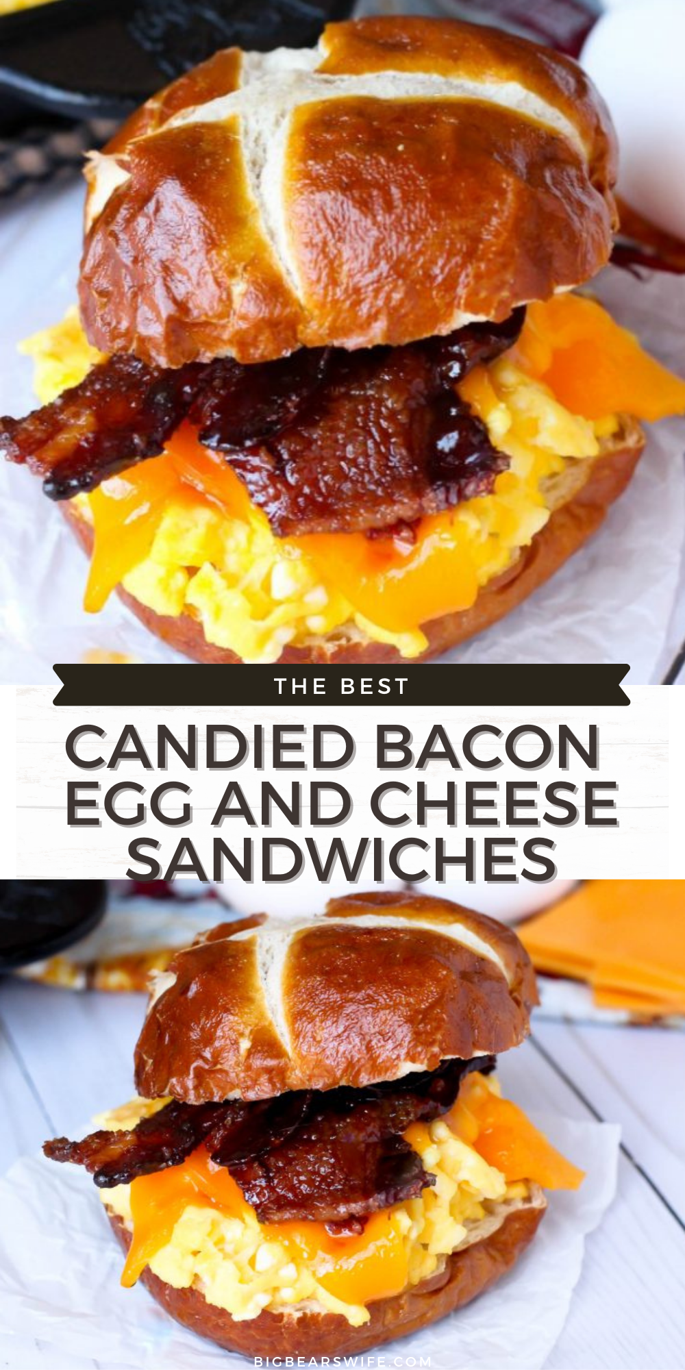 What's better than bacon for breakfast? Candied Bacon piled with perfectly scrambled eggs and cheddar cheese on a pretzel bun! Candied Bacon Egg and Cheese Sandwiches are the perfect way to start the day!  via @bigbearswife