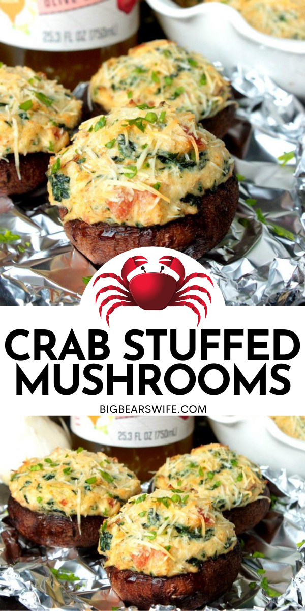 Crab Stuffed Mushrooms - These Crab Stuffed Mushrooms are filled with an easy cream cheese, crab and spinach filling! PS. there are NO breadcrumbs in this recipe! via @bigbearswife
