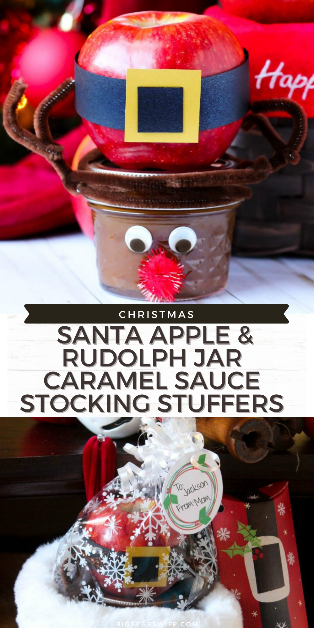 DIY Santa Apple & Rudolph Jar Caramel Sauce Stocking Stuffers - Looking for a cute and easy stocking stuffer? These DIY Santa Apple & Rudolph Jar Caramel Sauce Stocking Stuffers are perfect for kids and adults! They're easy to make and super cute! via @bigbearswife