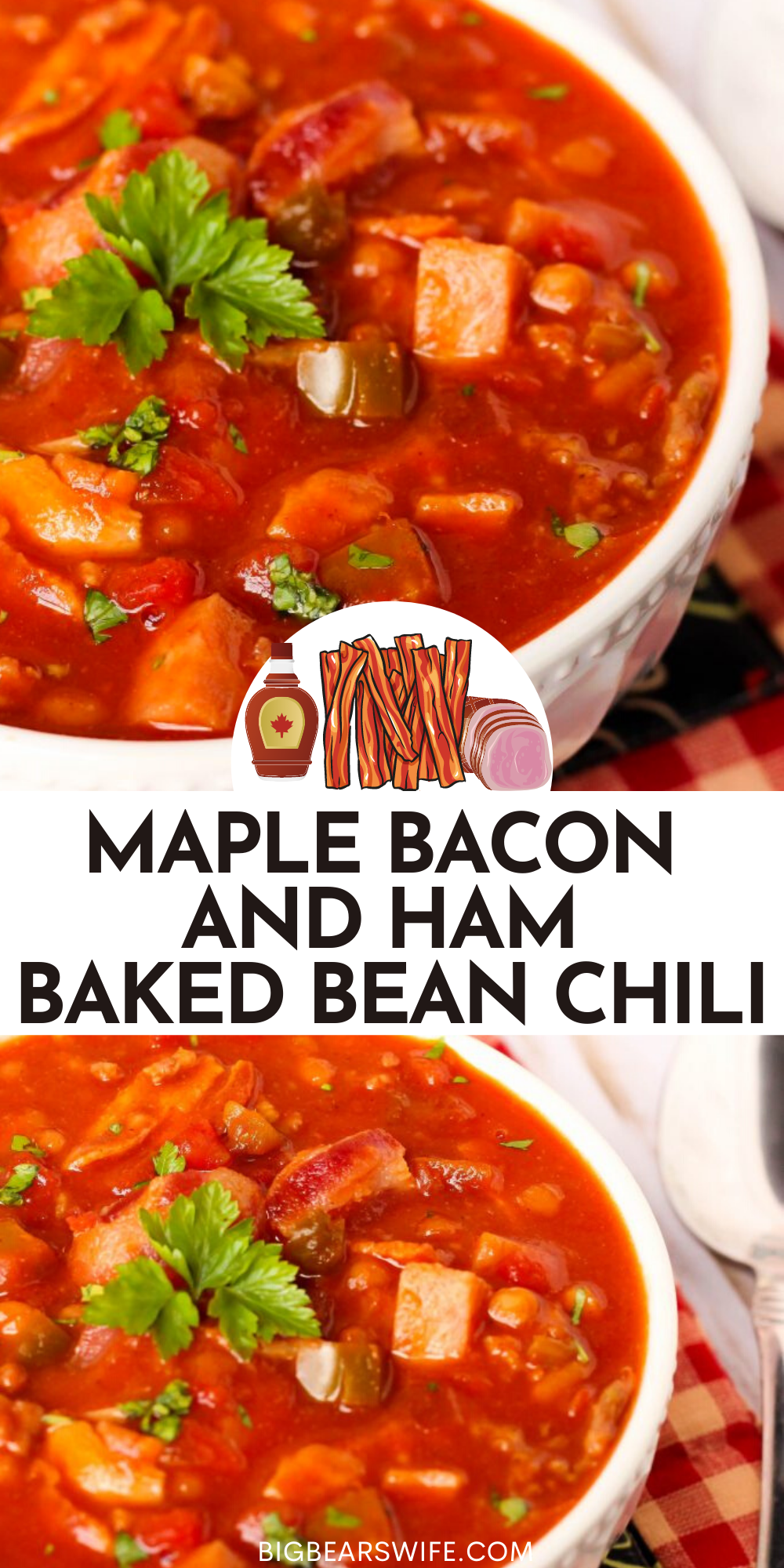 Maple Bacon and Ham Baked Bean Chili - This Maple Bacon and Ham Baked Bean Chili is a nod to my home in Virginia and the flavors that come from around the state. This will warm you up! BigBearsWife fans LOVE this tasty fall recipe! Click the photo to grab the recipe! Maple, Bacon and Chili is amazing together! You'll love this! There are more fall recipes on the blog too!  via @bigbearswife