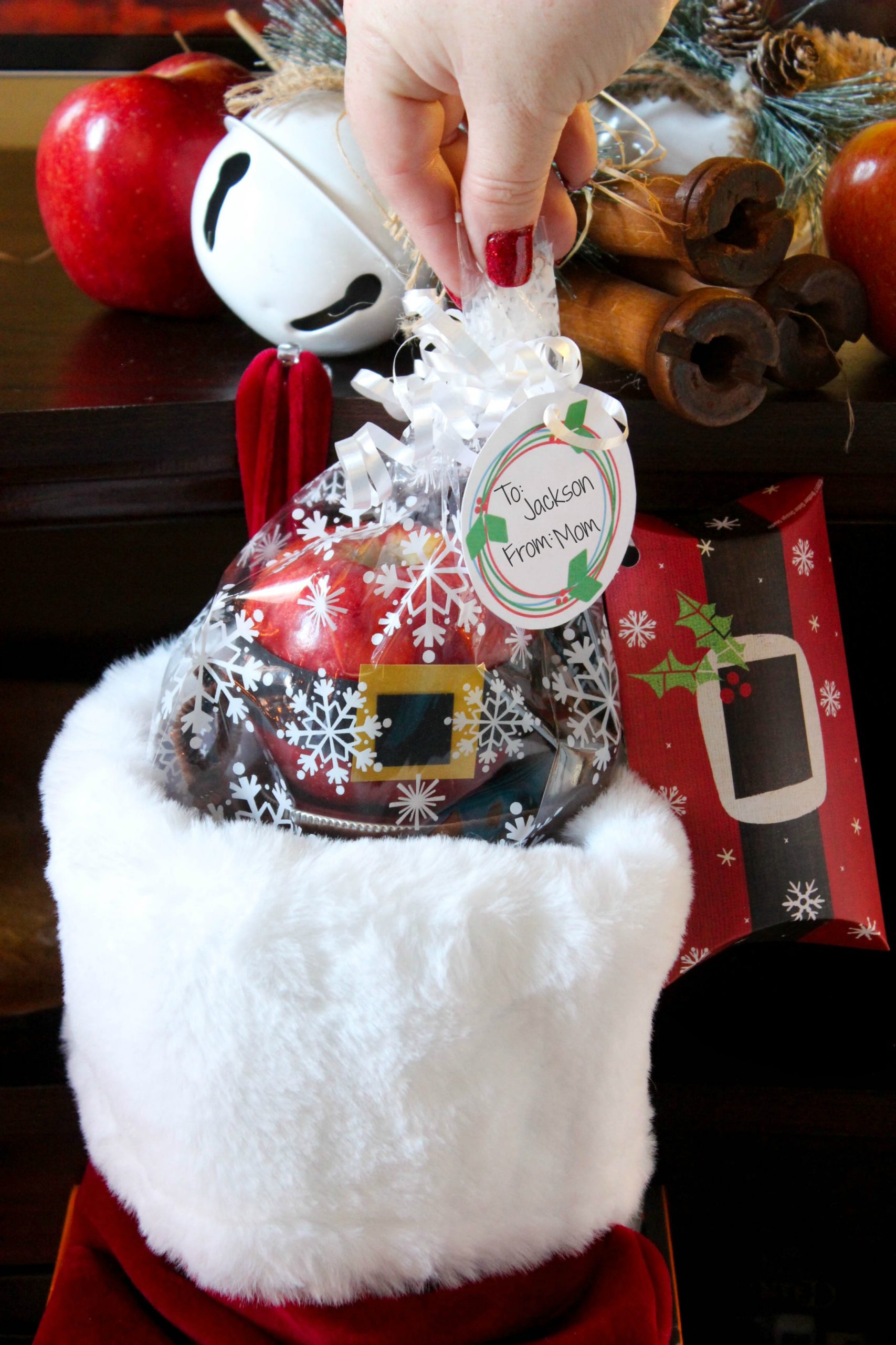 DIY Santa Apple & Rudolph Jar Caramel Sauce Stocking Stuffers