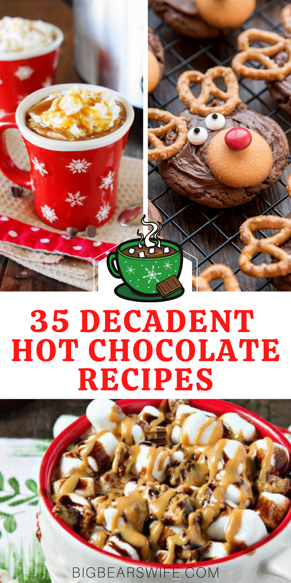 Need a little something to warm you up during these cold winter nights? Here you'll find 35 Decadent Hot Chocolate Recipes Plus 3 Hot Chocolate gifts from the kitchen! There is also a little information on how to set up your own holiday Hot Chocolate Bar! via @bigbearswife