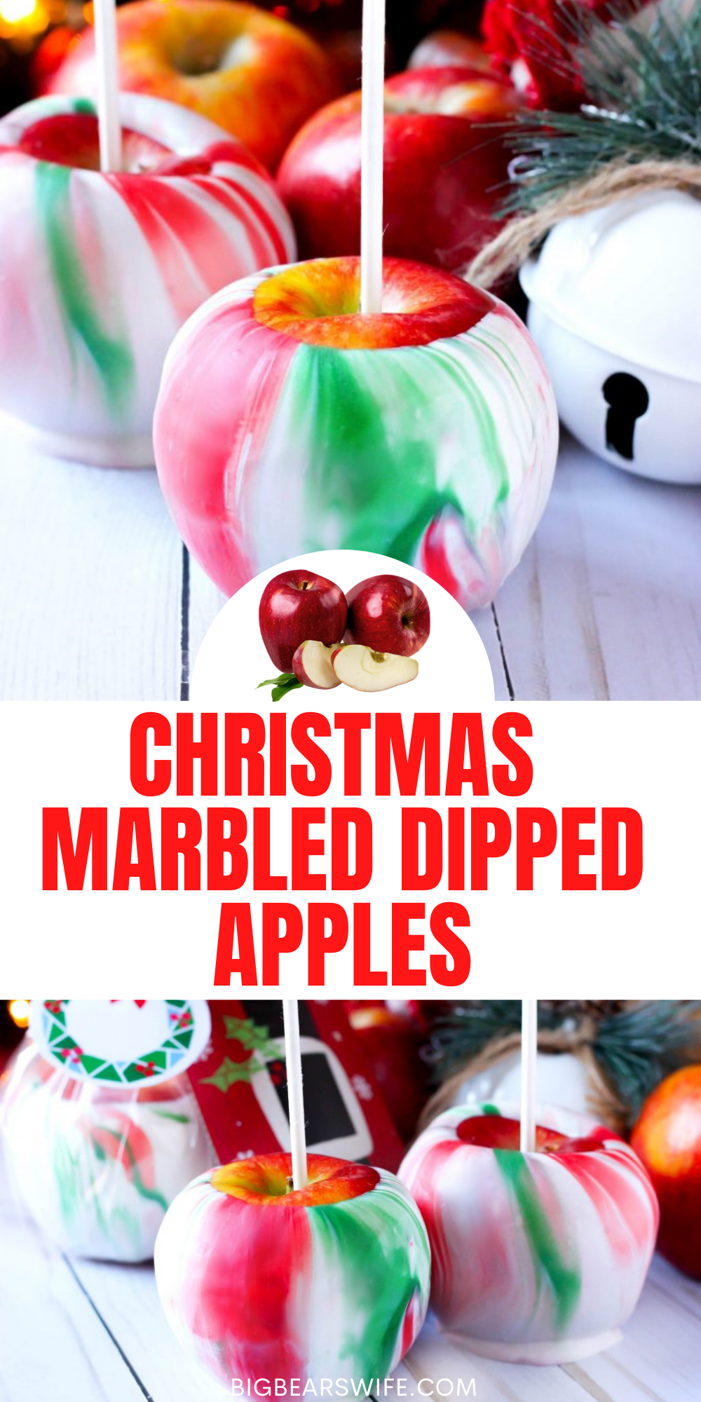 Christmas Marbled Dipped Apples - Want to spruce up a gift card as a gift? Want to make Christmas themed treats for your party? These Christmas Marbled Dipped Apples are the answer!! via @bigbearswife