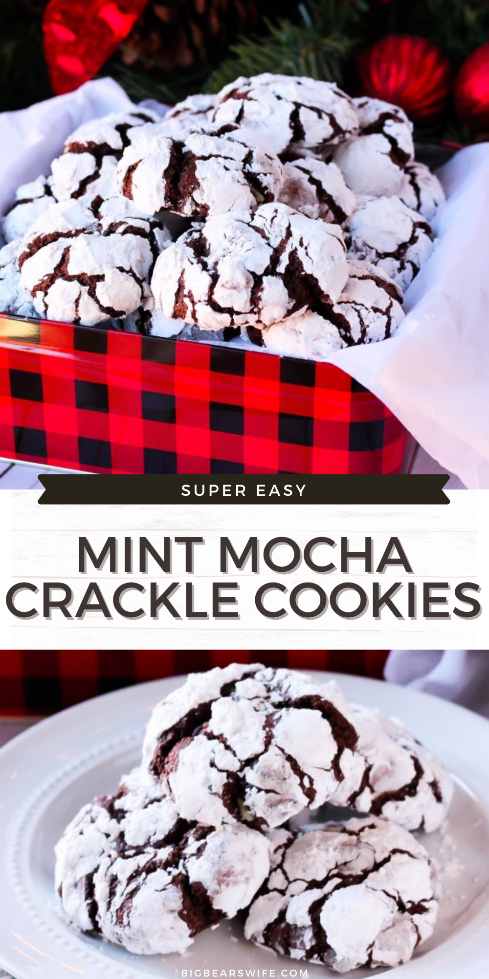 Chocolate Crackle cookies with a minty twist for the holidays! These Mint Mocha Crackle Cookies would be perfect for Santa!  via @bigbearswife