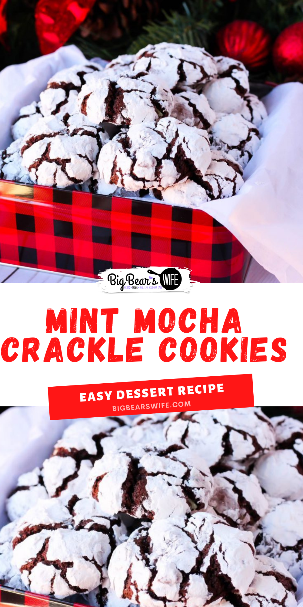 Chocolate Crackle cookies with a minty twist for the holidays! These Mint Mocha Crackle Cookies would be perfect for Santa!  via @bigbearswife