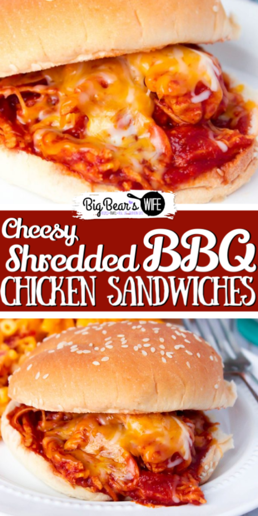 Dinner or lunch, these Cheesy Shredded BBQ Chicken Sandwiches are done in 35 minutes! Great on hamburger buns, small Hawaiian rolls or buttered biscuits!