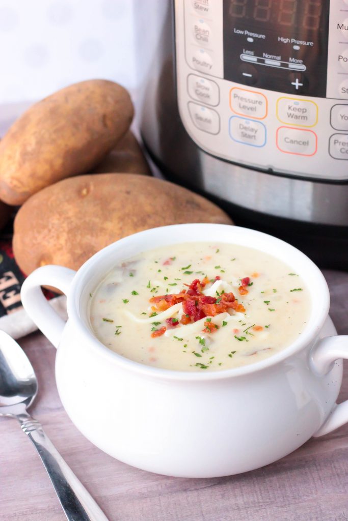 Instant Pot Potato Soup in white bowl