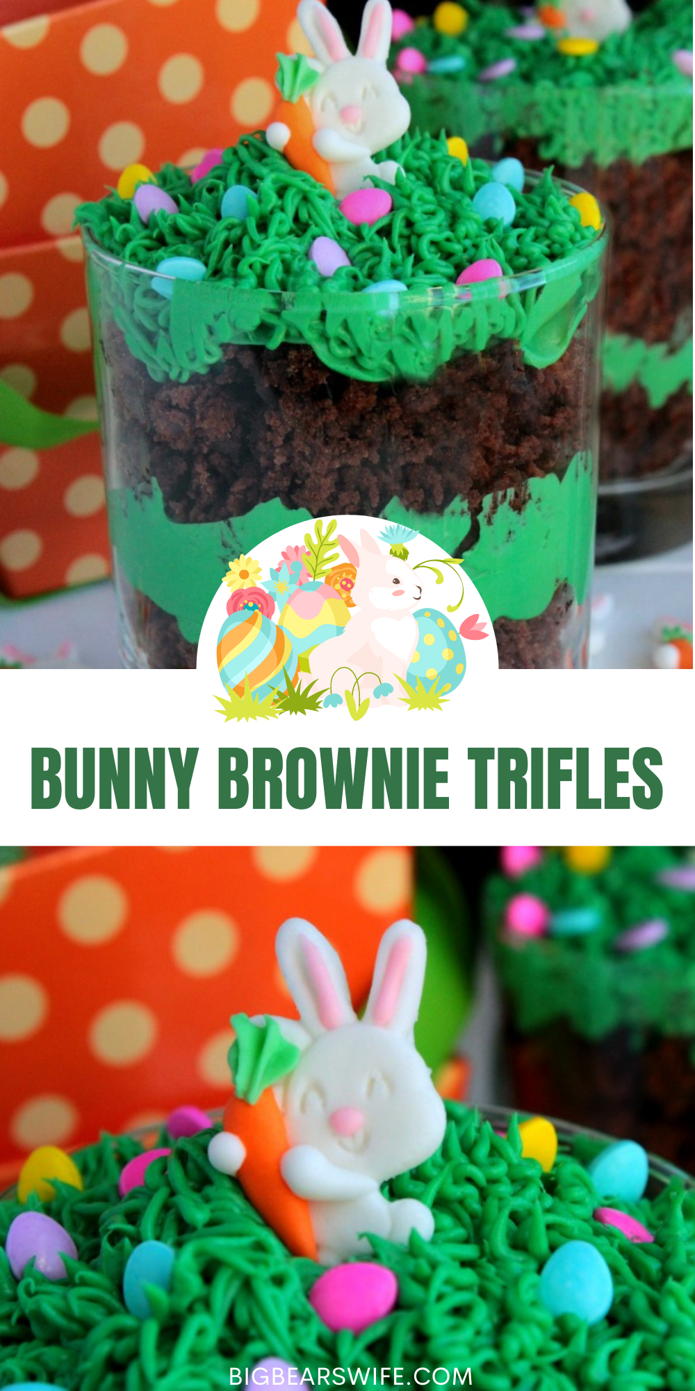 Super easy brownie trifles with cute little sugar bunnies and Easter eggs hidden in the tall grass icing. 

 via @bigbearswife