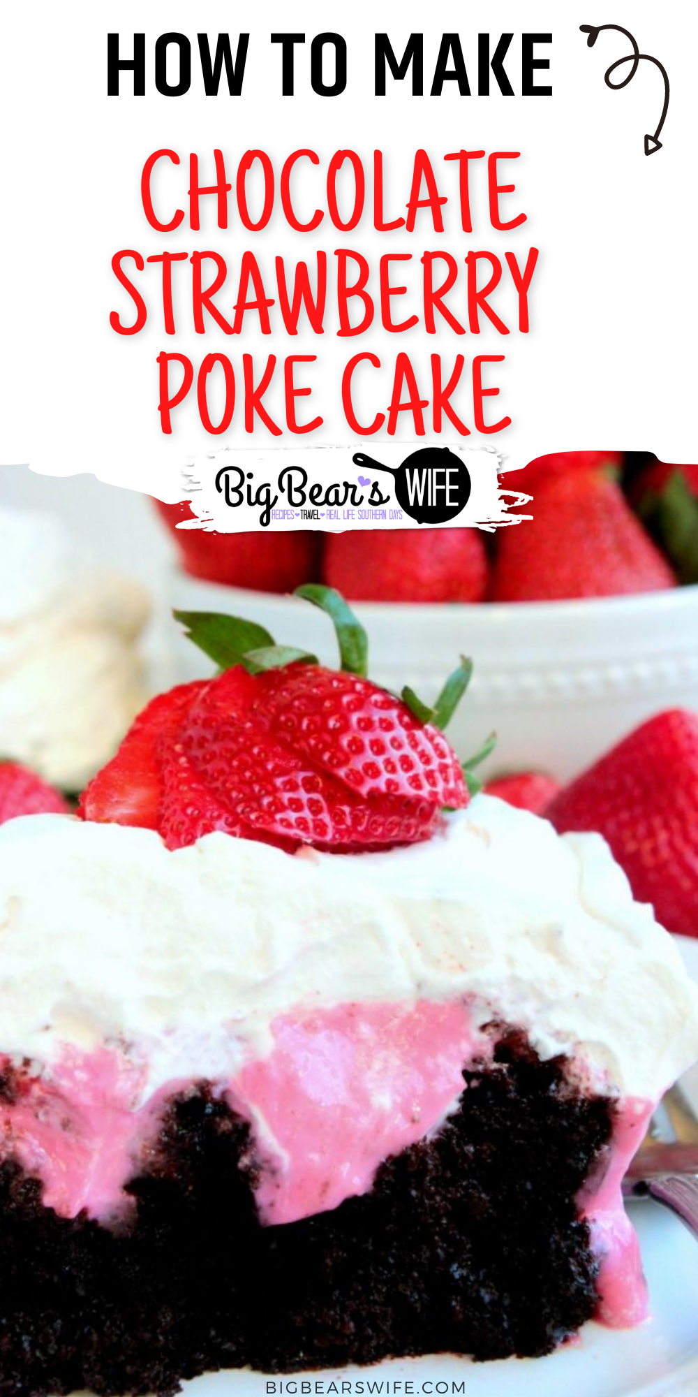 Chocolate Strawberry Poke Cake is a rich homemade chocolate cake filled with a homemade strawberry pudding, then topped with sliced strawberries and Creme Chantilly.

 via @bigbearswife