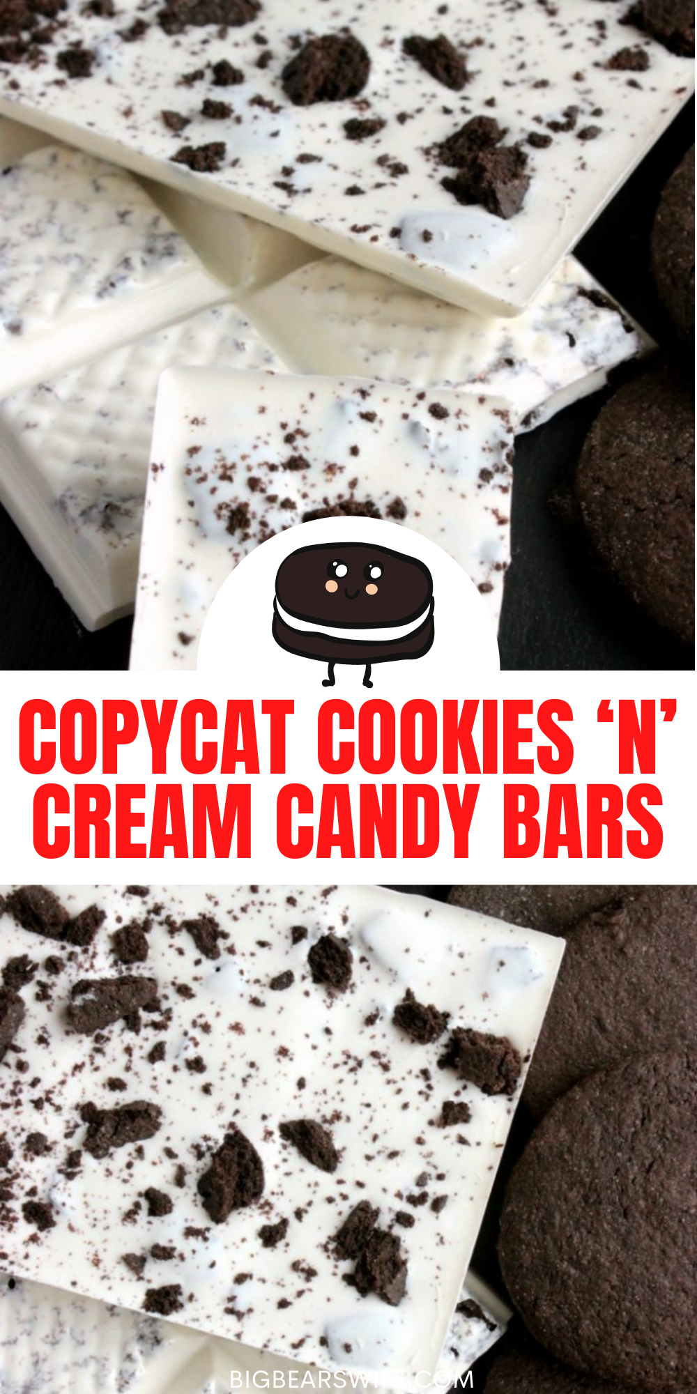 Easy homemade chocolate wafer cookies and melted white chocolate make up the BEST Copycat Cookies ‘n’ Cream Candy Bars!

 via @bigbearswife