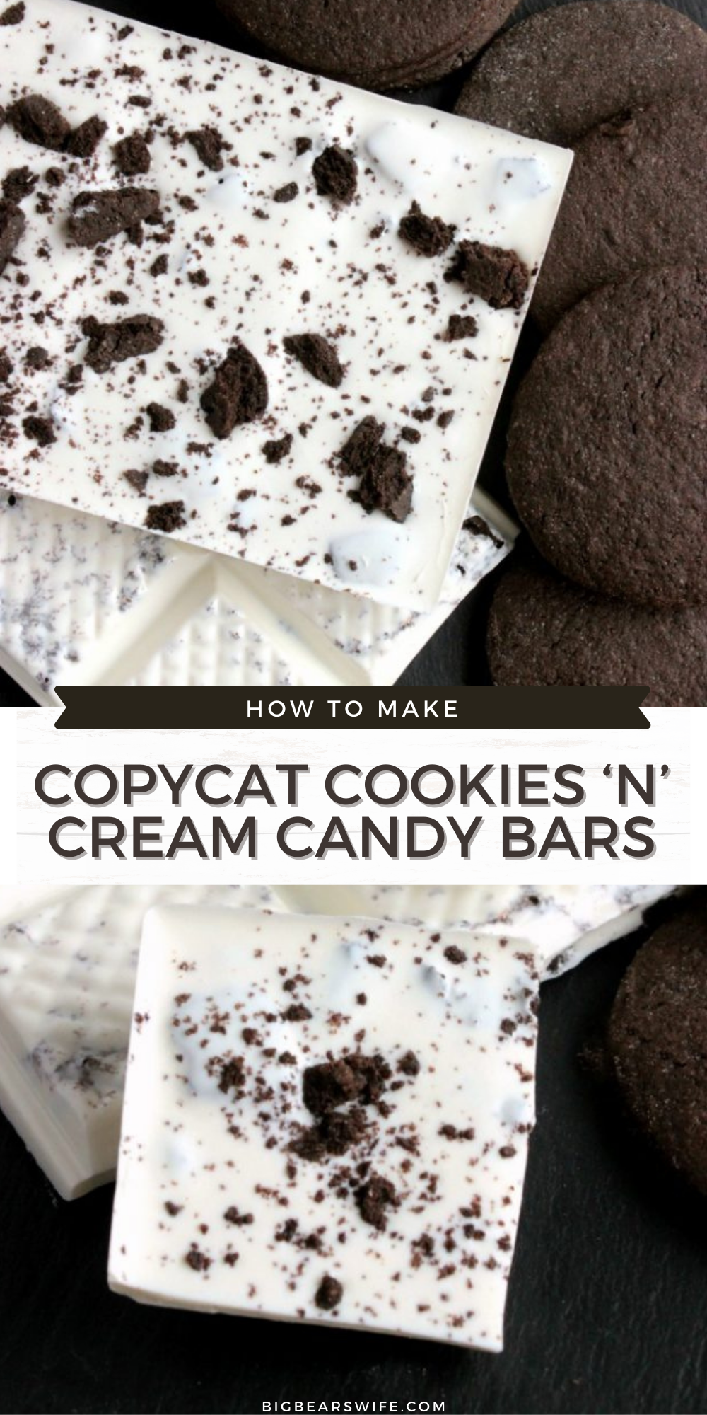 Easy homemade chocolate wafer cookies and melted white chocolate make up the BEST Copycat Cookies ‘n’ Cream Candy Bars!

 via @bigbearswife