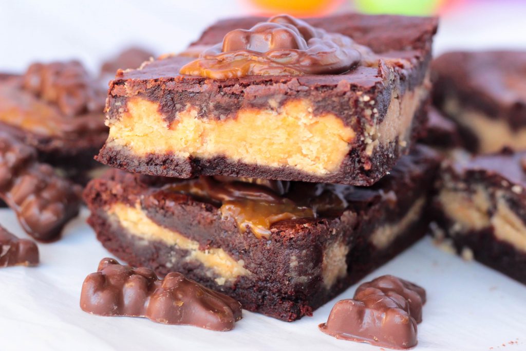 close up of layers of peanut butter in Caramel Bunny Peanut Butter Brownies
