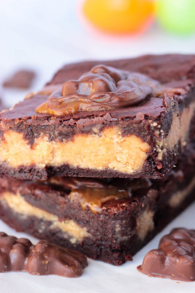 Layers of Peanut butter in the Caramel Bunny Peanut Butter Brownies