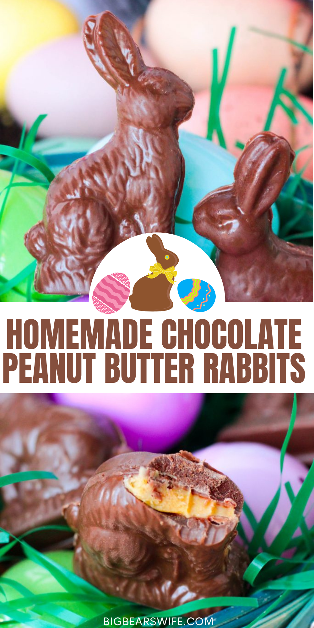 Little Homemade Chocolate Peanut Butter Rabbits are just perfect for Easter Baskets! Make them like this with a peanut butter filling, leave them hollow or make them into solid chocolate bunnies! 
 via @bigbearswife