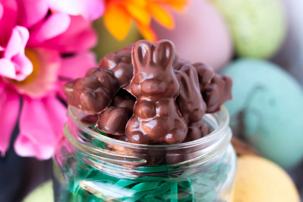 Homemade Mini Chocolate Caramel Bunnies in a jar