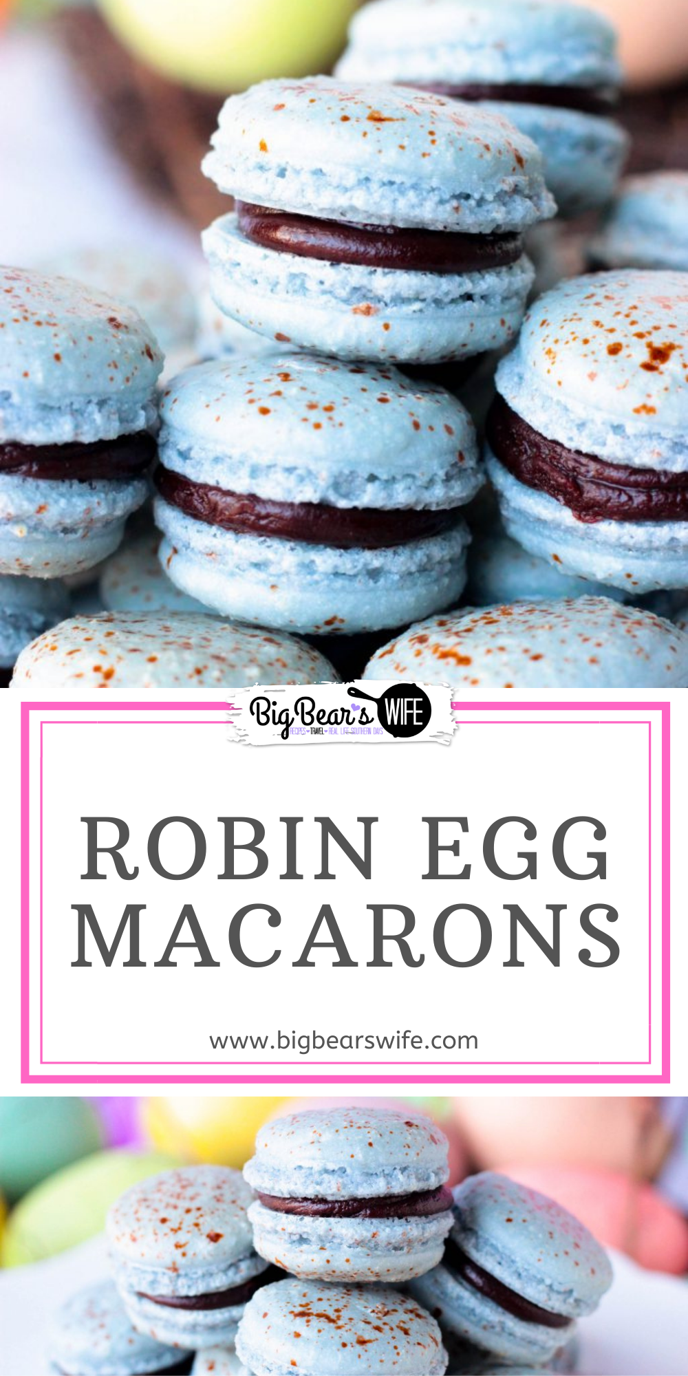 I can't think of a more perfect Easter macarons then these Robin Egg Macarons! They're the perfect shade of robin egg blue with cute little speckles and filled with a homemade chocolate ganache! via @bigbearswife