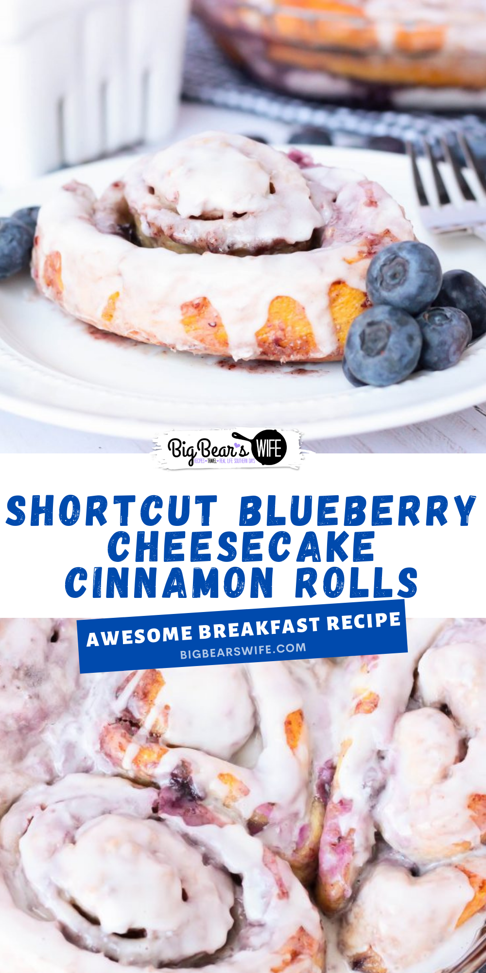 These Shortcut Blueberry Cheesecake Cinnamon Rolls use store bought cinnamon rolls and a homemade blueberry cheesecake filling to create a delicious breakfast or brunch that's perfect for the weekend! Make the blueberry compote the night before for an even faster morning treat! via @bigbearswife