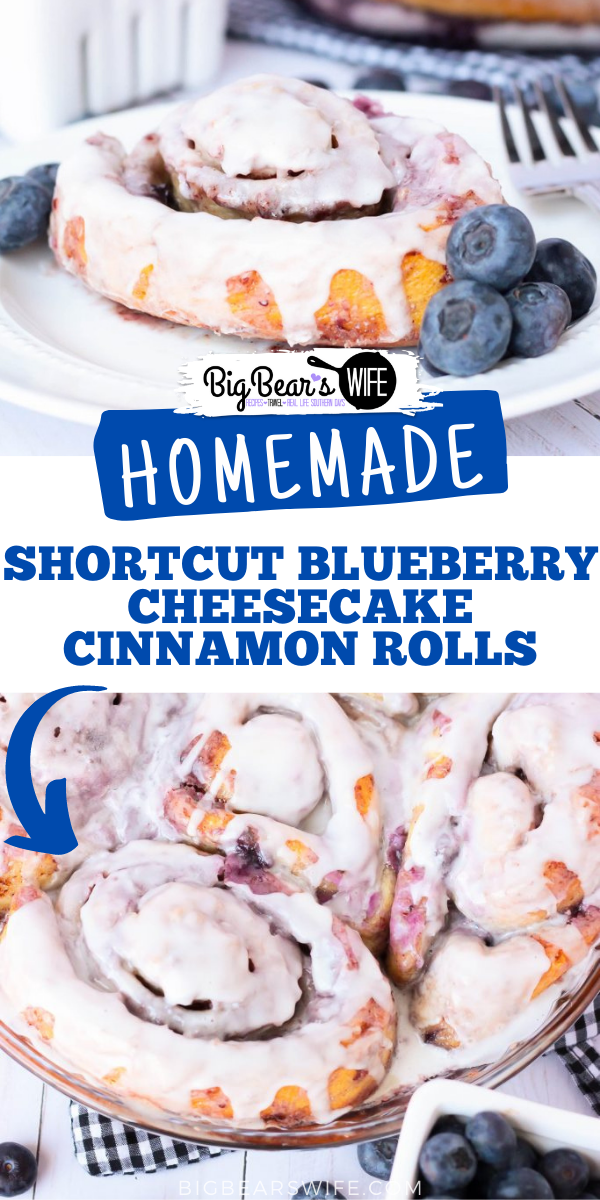 These Shortcut Blueberry Cheesecake Cinnamon Rolls use store bought cinnamon rolls and a homemade blueberry cheesecake filling to create a delicious breakfast or brunch that's perfect for the weekend! Make the blueberry compote the night before for an even faster morning treat! via @bigbearswife