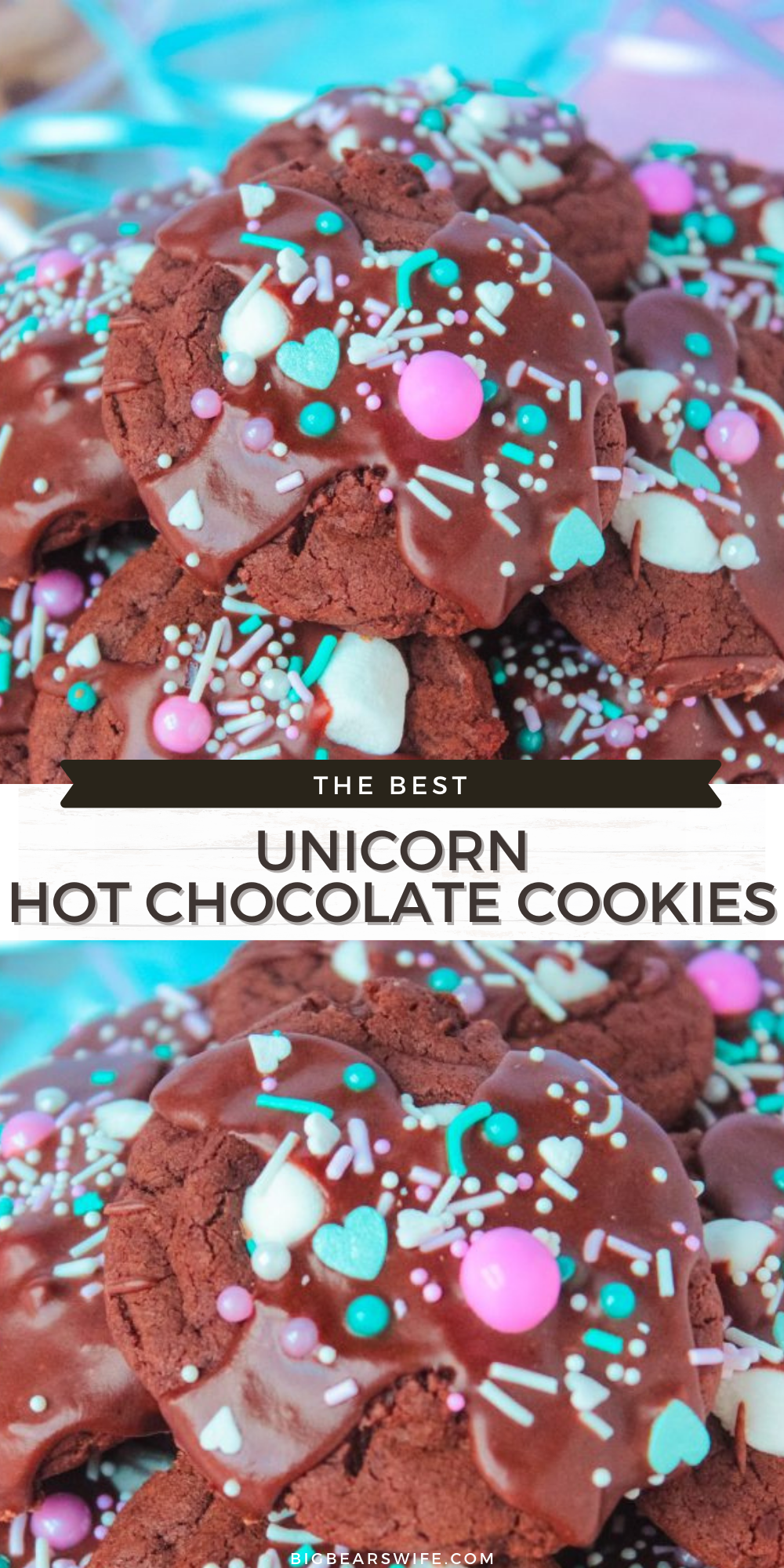 Hot Chocolate Cookies are the MOST requested dessert at our parties and cookout outs! This version is what I like to call “Unicorn Hot Chocolate Cookies”. Just like my Christmas cookies, they’re rich chocolate cookies with melted marshmallows stacked on top with a chocolate glaze drizzle and sprinkles! via @bigbearswife